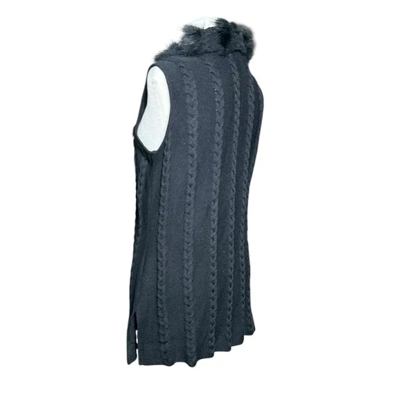 Ming Wang Sweater Vest Women L Black Faux Fur Trim Cable Knit Quiet Luxury Chic - Picture 5 of 15